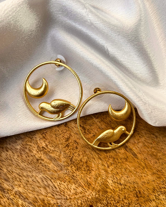 Golden Crescent Bird Earring